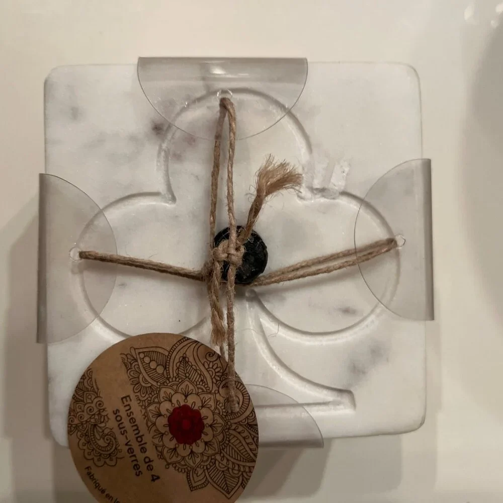 White Marble Coasters Set of 4 with Holder Gift Ready New‎